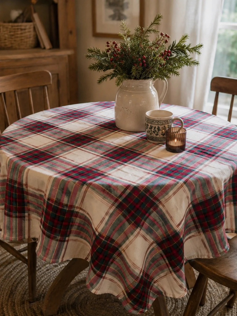 Vintage Round Plaid Tablecloth 70” & 4 Matching Placemats Christmas Cottage Set